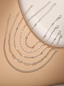 Nooxian 5 件/套女士手链套装，时尚休闲混合风格银串珠链和压花链多层堆叠手链，珠宝礼物（链环数量随机） - 銀色 - 查看 5