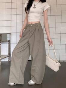 复古美式喇叭牛仔裤，高腰宽松阔腿休闲拖地裤，2025秋季新款 - 卡其色 - 查看 4