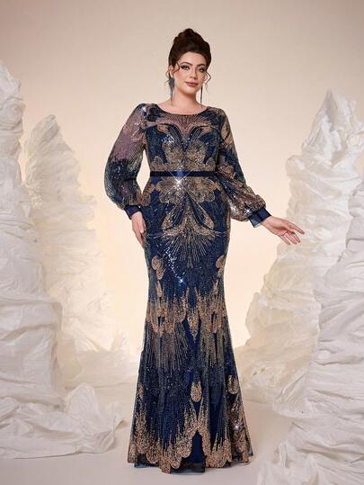 Mgiacy, Ny ankomst, Elegant Plus Size Lång Marinblå Balklänning, Rund Hals, Paljett, Elegant, Plus Size Aftonklänning, Perspektiv, Bälte, Lyktärm, Paket Höft, Sjöjungfruklänning, FÖR, Middagsfest, Festklänning, Bröllopsgästklänning, Aftonklänning