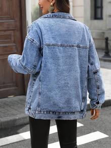 时尚牛仔夹克，适合秋冬，百搭休闲、旅行、机场、Y2K 学生风格，保暖内衬，防寒，适合女性 - 藍色 - 查看 8