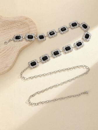 1pc Bohemian Hollow Carved Black Gem Fashionable Versatile Women's Waist Chain, Suitable For Spring, Summer, Autumn, Winter, Sexy And Elegant, Adjustable Women's Waist Chain For Wedding Party