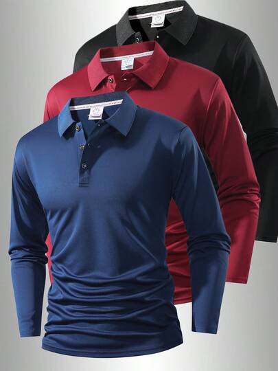 Camisa polo de manga larga de corte slim, de unicolor y diseño de cuello con botones, adecuada para uso diario y oficina