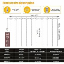 1 pieza Luces de cortina LED de 100/200/300, Luces de hadas colgantes USB, Control remoto, 8 modos de iluminación, con ganchos, adecuado para boda, cumpleaños de niños, Navidad, fiesta, fondo de dormitorio, guardería, decoración del hogar y vacaciones en interiores, disponible en blanco, blanco cálido y multicolor