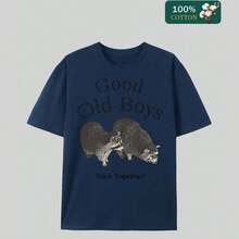 Men's D Old Boys Graphic T-Shirt, Retro Vintage Bull & Sheep Print, Classic Distred Design, Soft  Cotton, Casual Everyday Wear For Men, Gift For Dad Or Friend, Sti Together Style - 藏蓝色 - 查看 6