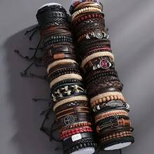 30pcs Men's Fashion Multi-Layer Vintage Leather Cord Braided Alloy Beaded Handmade Bracelet, Random Assortment
