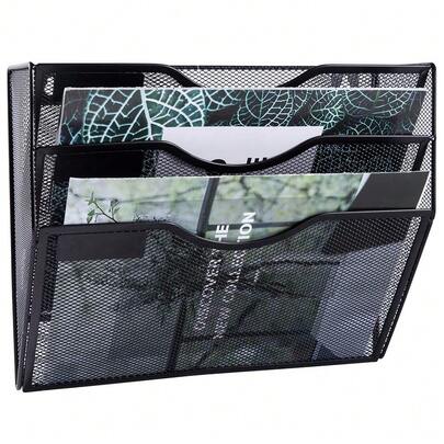 Organiseur mural à 3 poches en maille, organiseur de dossiers, porte-documents, presse-papiers, porte-revues avec étiquettes nominatives pour bureau, maison, école, noir