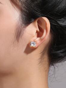 Charm-In 1 Pair Fashionable Minimalist 18K Gold Plated Brass Geometric Zirconia Stone Earrings, Gift For Valentine's Day, Mother's Day