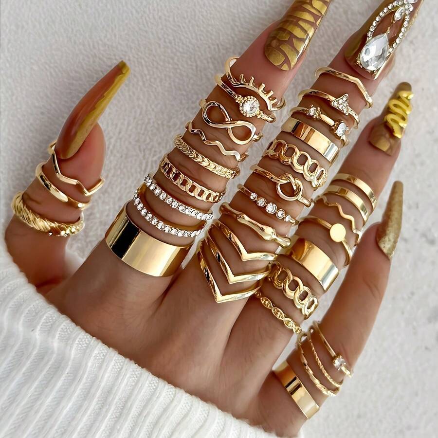 30pcs Geometric Creative Ring Set, Asymmetrical Design Rings For Women, Suitable For Weddings, Parties, Music Festivals, Holidays