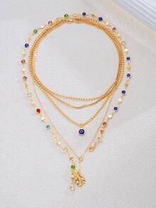 2pcs/1set Fashionable Vintage Elegant Devil's Eye Y-Shaped Long Necklace Set For Women, Inlaid Colorful Faux Gemstone, Suitable For Daily, Party, Vacation, Date, Holiday Gift