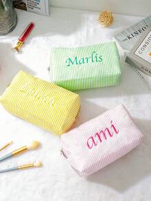 Embroidered Name Cosmetic Bag, Customized Makeup Bag, Sanitary Pad Storage Bag, Travel Makeup Bag, Personalized Storage Bag, Multi-Functional, Decorative, Letter, Solid Color, Exquisite, Fashionable, Retro, Modern, Vibrant Color, Casual, Basic Style, Casual, Birthday Gift/Christmas Gift/Valentine's Day Gift/Mother's Day Gift - Multicolor - View 6