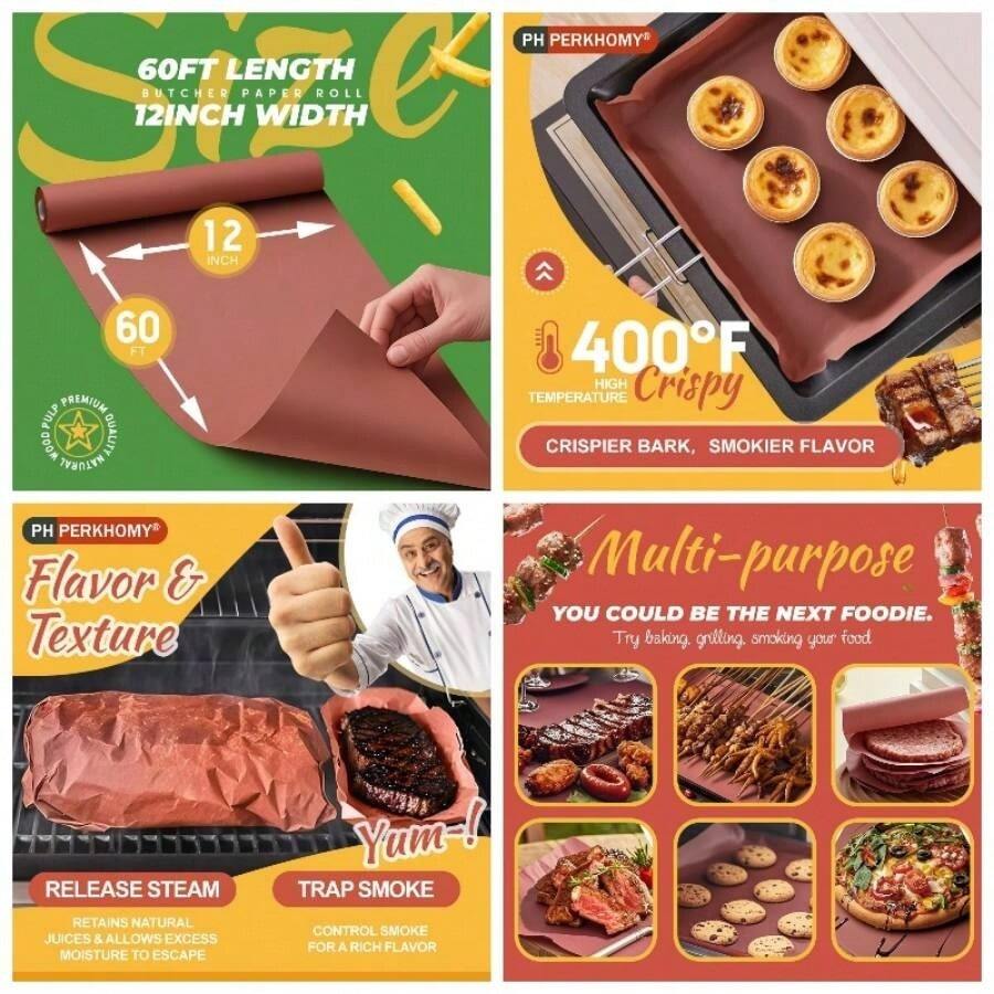 - Rollo de papel de carnicero rosa de 15x 720 pulgadas 60 pies para ahumador, barbacoa, ahumar, carne, sin blanquear, sin recubrir, rosa, 15x 60 pies - rosa + 12" x 60' - Ver 1