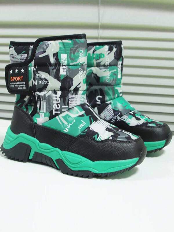 1 Pair Boys' Camouflage & Letter Print Outdoor Snow Boots, Warm Thick Ski Shoes For Teenagers, 1 Pair Women's FashionThick Thermal LinedLined Waterproof Snow Boots For Winter
