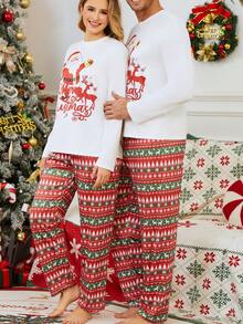 2pcs/Set Men's Christmas Random Print Pattern Regular Fit Crew Neck Pullover Sweatshirt And Pants Loose Pajama Set, Lightweight For Spring/Autumn - Red and White - View 5