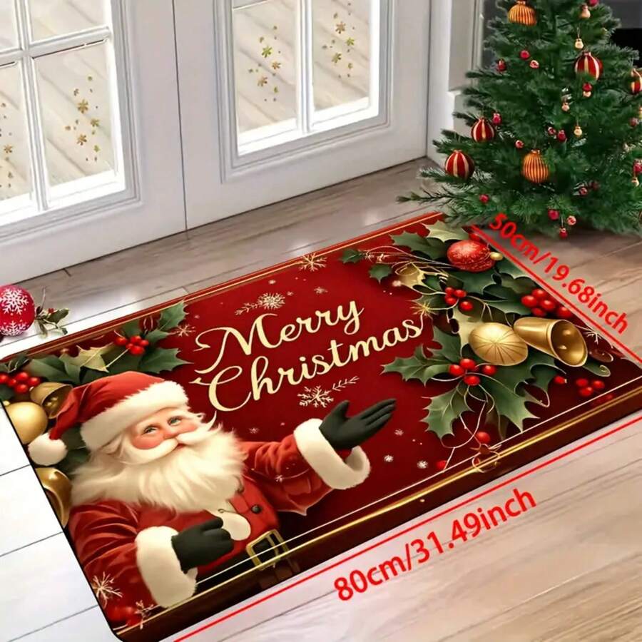 1pc Rectangular Christmas Door Mat With Santa Claus & Golden Lettering - Red & Golden Plush Indoor Entry Mat, Washable Holiday Decor Mat For Front Door, Living Room, Bedroom - Festive Wreath & Snowflake Design With Holly & Berries, Durable Floor Mat For Home Entrance, Suitable For Laundry, Bathroom, Kitchen - Easy-Clean Indoor Mat With Golden Frame & Red Border. Actual Item Is Smaller Than Picture. May Be Certain Color Difference. - White - View 1