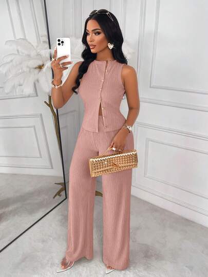 AIJ Amarilo Striped Sleeveless Top And Straight Leg Pants 2 Pieces Suit, Elegant Business Casual, Latest Spring/Summer Women's Chic Set Pink