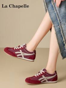 1 đôi giày nữ La Chapelle đế dày buộc dây, đế mềm, giày bệt cổ thấp ngoài trời, mũi tròn, gót thấp, màu trơn, thanh lịch, đế mềm, thích hợp cho sinh viên chụp ảnh tốt nghiệp, giày thể thao da cổ thấp nữ - Đỏ cổ điển - Xem 7