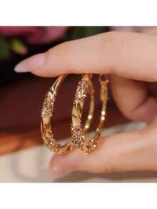 Sterling Silver Twisted Ruffled Hoop Earrings - Women's Sparkling Rhinestone  Statement Jewelry, Perfect For Party & Daily Wear - Vàng - Xem 3