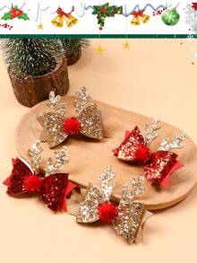 2 件闪亮圣诞鹿角蝴蝶结可爱女婴发夹，适合日常和节日装扮 - 彩色 - 查看 4