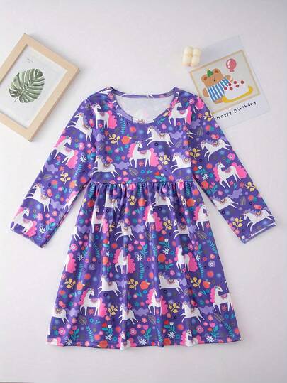 Young Girl Magic Unicorn Graphic Crew Neck Long Sleeve Dress Spring Fall Christmas Gift