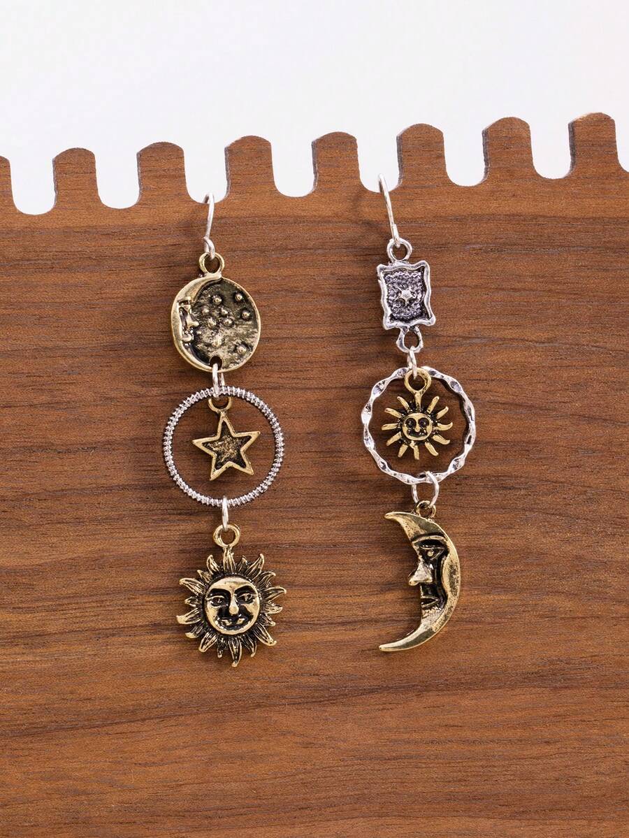 复古异域风不对称向日葵流苏耳环,轻奢高端感十足,小众又独特的气质耳环 - 太陽月亮耳環 - 查看 1