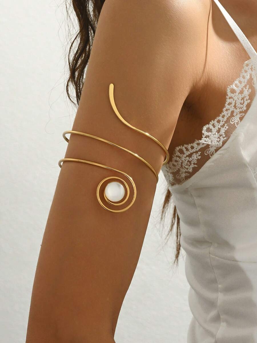 1pc Elegant Summer Gold Spiral Geometric Turquoise Armband, Adjustable Bracelet Suitable For Party, Banquet, Girlfriend Gift, Date Accessory