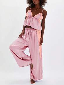 Women's Y2K Lace Patchwork Pajama Sets Spaghetti Strap Ruffled Babydoll Flowy Cami Tank Tops With Wide Leg Pants Summer Fall 2Pcs Soft Sleepwear Loungewear - Hồng - Xem 1