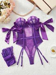 weiweihu Purple Shapewear Tummy Control   Corset Tops  Purple Corset  - Big Bow Shoulder Strap-1 Piece Ladies Lace Sexy One-Piece Lace Temptation Halter See-Through Bow One-Piece Sexy Underwear Suitable For Home Or Private Parties, Sexy Underwear Sexy Lingerie For Woman    Lingerie For Women Sexy Erotic   Corset Lingerie   Sexy Lingerie For Woman  Halloween Costumes For Women>Sexy    Mermaid Costume   Cleopatra Costume Halloween Costumes For Women Thanksgpajamas Sets For Women   Pijamas Navideñas Christmas Pajamas Thanksgiving Outfit Women - 紫色 - 查看 2