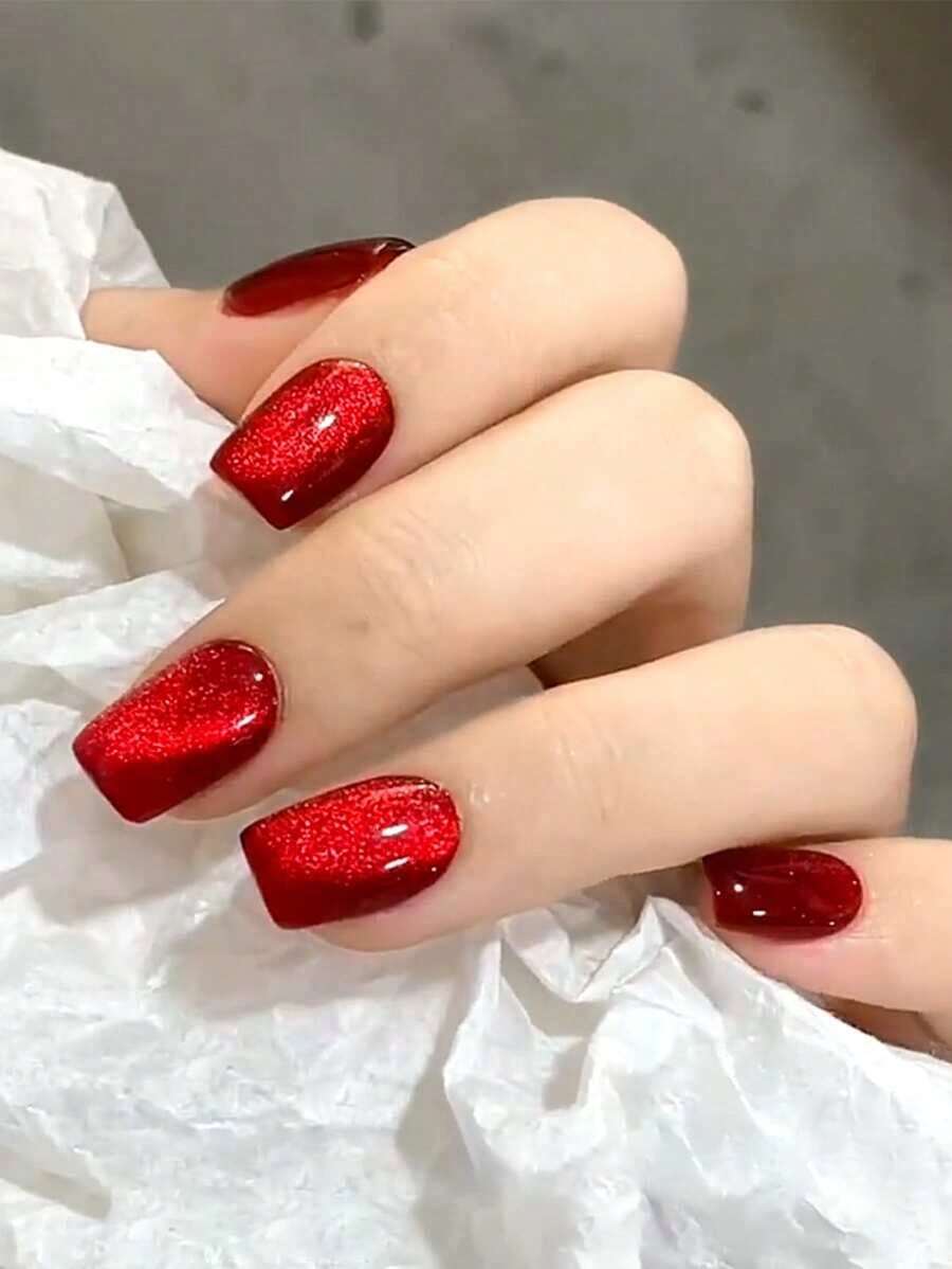 Blood Red Cat Eye Press On Nails 24pcs Y2K Square Acrylic Full Cover Nails Glass Like Shine Luxury Manicure - 勃根地 - 查看 1