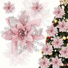 20pcs Glitter Poinsettia Artificial Christmas Flowers With Clips - Sparkling Blue & Pink Floral Garland Ornaments For Holiday Tree Decor, Wedding, And Party Decorations, Christmas Decorations - 10flower+10Clips - View 10