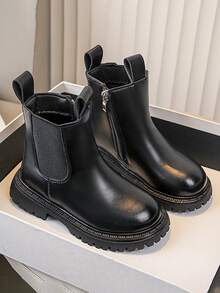 幼儿儿童皮革切尔西靴男童女童踝靴，带拉链和松紧带 - 黑色 - 查看 5