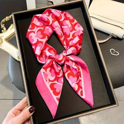 Bohemian Pink Heart Print Square Scarf – Lightweight Polyester, Versatile Neck Wrap, Headscarf & Hair Accessory For Women, Stylish Bow Tie Design, Perfect For Beach, Travel, Casual Outfits, All-Season Fashion Accessory, Soft Comfortable Fabric