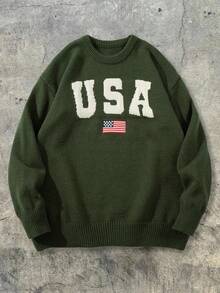 Winter Men's Unisex Versatile Casual Crew Neck Long Sleeve USA Letter American Flag Knit Pullover Sweater