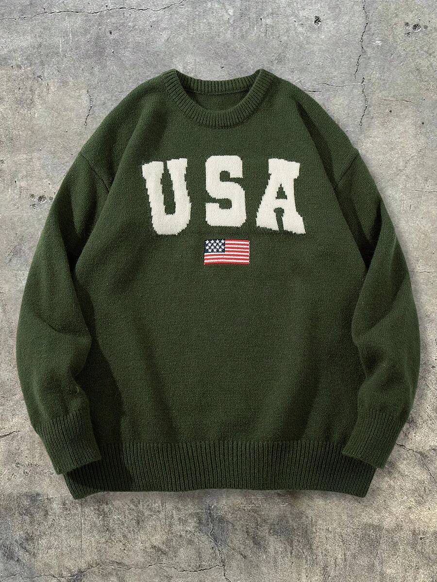 Winter Men's Unisex Versatile Casual Crew Neck Long Sleeve USA Letter American Flag Knit Pullover Sweater