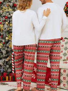 2pcs/Set Men's Christmas Random Print Pattern Regular Fit Crew Neck Pullover Sweatshirt And Pants Loose Pajama Set, Lightweight For Spring/Autumn - Red and White - View 2