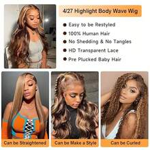 Honey Blonde Ombre Lace Front Wig Human Hair Highlight Body Wave Lace Front Wigs Human Hair Pre Plucked 200 Density Wig 5X5 13X4 HD Lace Frontal Wig For Women 4/27 Colored 28 Inch - S4/27 - 查看 7