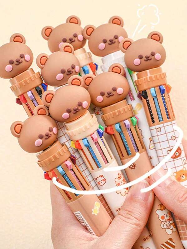 10-in-1 süßer Bären Kugelschreiber Set, Retraktile Plastik Stifte, ohne Batterie, Mehrfarbig, Schreibwerkzeug für den Alltag