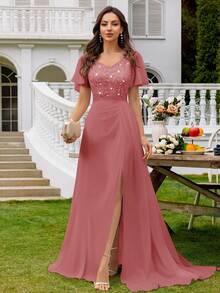 MIUSOL Sweetheart Neck Sequin Lace Ruffle Sleeve Split Thigh Chiffon Formal Party Maxi Dress