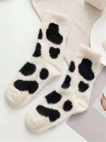 1/2 Pairs Of Cute Cow Patterned Plush Round Neck Socks, Thick And Warm Coral Fleece Socks, Women's Silk Stockings And Socks, Soft And Comfortable, Suitable For Daily Wear, Christmas, Winter Home Warmth, Cozy Socks - Multicolor - View 8