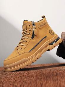 男士高帮皮革绒面靴，系带侧拉链设计中筒靴，厚底增高鞋，经典复古户外徒步摩托车靴，舒适衬里，适合秋季、户外、街头、度假、旅行等多种场合 - 卡其色 - 查看 3