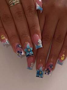 24pcs/Set Y2K Chic Style Sweet Blue Flower French Gradient Ripple 3D White Flower Delicate Gold Starfish Shell Decor Medium Length Press-On Nails, Suitable For Girls/Women For Daily Wear, Summer Beach, Autumn/Winter Nail Supplies - Nhiều màu 2 - Xem 2