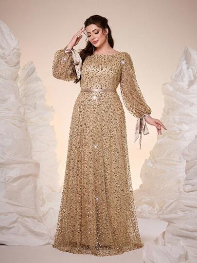 Mgiacy,New Arrival,Plus Size Ball Dress,Romantic Women's Plus Size Formal Dress Gold Sequined Long Sleeve With Bow Cuffs Round Neck Flared Hem Maxi Gown For Evening Parties.
