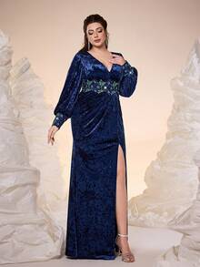 Vestido de bola elegante, modesto y de talla grande con cuello en V, con cordones, volantes, diseño de transferencia, abertura alta y dobladillo de sirena, para fiesta de graduación, boda, fiesta y vestido de invitada de boda