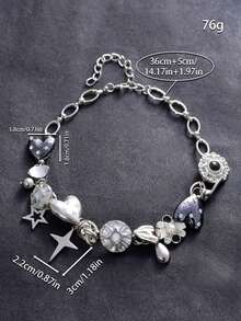 1pc Vintage Punk Rock Style Metal Heart, Flower & Pendant Necklace Chain, Suitable Party, Music Festival - 銀色 - 查看 6