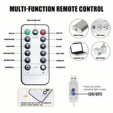1 pieza Luces de cortina LED de 100/200/300, Luces de hadas colgantes USB, Control remoto, 8 modos de iluminación, con ganchos, adecuado para boda, cumpleaños de niños, Navidad, fiesta, fondo de dormitorio, guardería, decoración del hogar y vacaciones en interiores, disponible en blanco, blanco cálido y multicolor