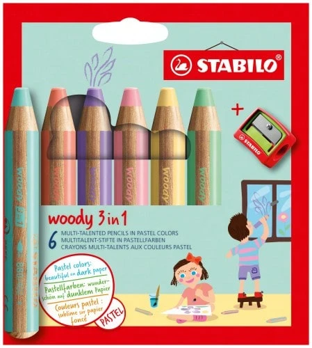 STABILO Multi-Talent Woody 3-In-1 Pastel Colored Pencil - Case With 6 Colors + 1 Sharpener - Mint Green - View 1