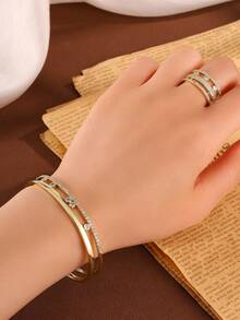 rakol 2pcs Shiny Minimalist Gold-Color Circular Bangle & Ring Set, Suitable For Daily Wear, Women Gifts - Style 3 - View 8