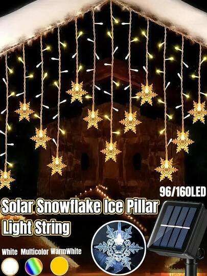Solar Snowflake Ice Column String Light-96/160 LED, Indoor/Outdoor Christmas Light, IP65 Waterproof, 8 Modes Of Eaves Light, Outdoor Solar Curtain Light, Suitable For Christmas, Houses, Gardens, Trees, Courtyards, Festivals, Weddings, Gatherings, Party Decoration (Warm White/Multi Color/White)