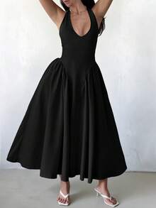 Unadoll 女士性感低胸系带露背连衣裙，春季新款，收腰设计，拉链款式，优雅迷人，适合海滩度假、约会、郊游、派对、生日、情人节等各种场合。 - 黑色 - 查看 9