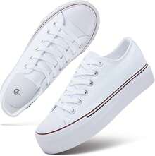 White Platform Sneakers For Women, Low Top Canvas Shoes - 白色單色 - 查看 2