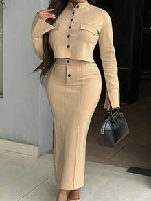 女士纯色优雅休闲口袋前扣办公室两件套 - 卡其色 - 查看 2